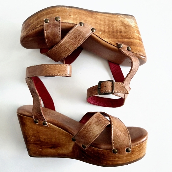 Bed Stu Wood Wedge Sandals With Neutral Leather Uppers, Ankle Strap, Studs, 9.5 - Picture 7 of 16
